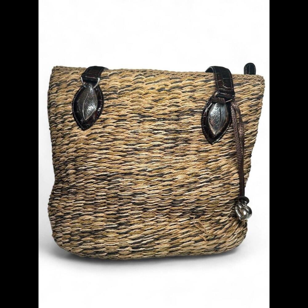 Brighton Jute Raffia Woven Shoulder Bag Brown Leather Woven Handles